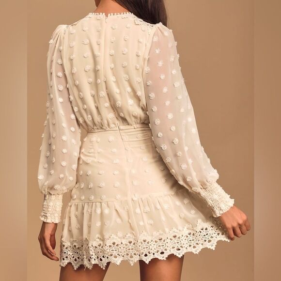 Lulus Lust or Love Cream Embroidered Lace Long Sleeve Dress Women’s Size Small - Picture 10 of 16